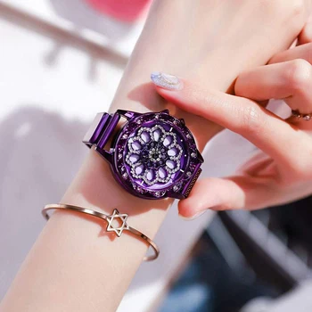 Módne Luxusné Ženy sledovať Drahokamu Magnetické pásky Quartz Dámske Náramkové hodinky Oka Magnet 360 Stupňové Otáčanie Dial Relógio Femino
