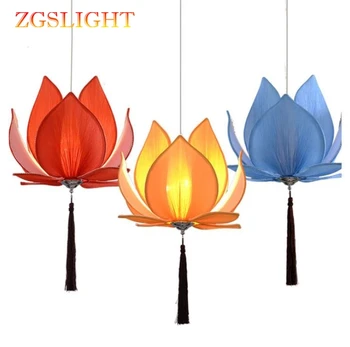 Nová Čínska Textílie Zen Luster Luster Klasická Lotus Lampa Chrámu Hala Obývacia Izba Reštaurácia Osvetlenie