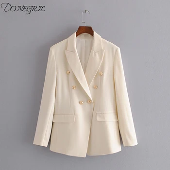 2020 Nové Spiring Dámy bežné bunda vyhovovali žena jeseň double-breasted biele dlhé dámske sako Office suit Blejzre