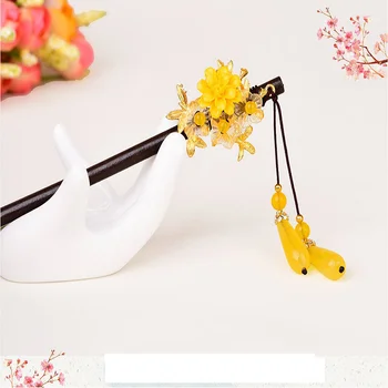 Retro Tvorivé Žlté Syntetické Kvet Pohodlné Vlasy, Šperky Osobné Elegantný Prívesok Kvapka Vody Dreva Vlasy Stick