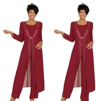 2020 Tri Kus Crimson Matka Nevesty Nohavice Obleky S Plášťom Šifón Zákazku Dlhý Rukáv Svadobné Šaty Hosť