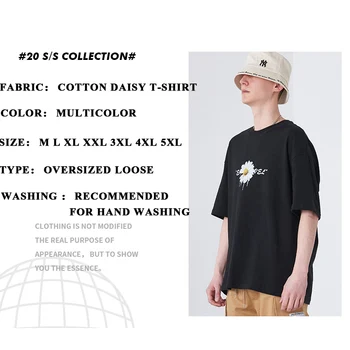 TFETTERS 2020 Lete Mužov kórejský Tričko Príliš Krátky Rukáv Daisy Tlač Voľné bavlna Muži T-shirt