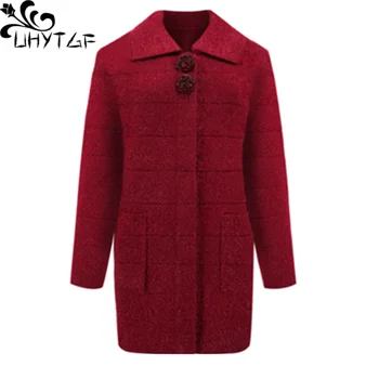 UHYTGF Sveter dámske luxusné mohair pletený sveter Žena jar jeseň svetre bunda kórejský voľné 4XL plus veľkosť coats 1258