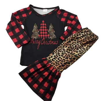 Deti dievča vianočný strom tlače nastavte módne leopard, čiernu a červenú kocku bell spodné oblečenie 66